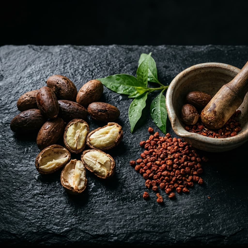 Bitter kola seeds split open next to alligator pepper seeds in a stone mortar on dark slate — natural herbs for erection strength Nigeria
