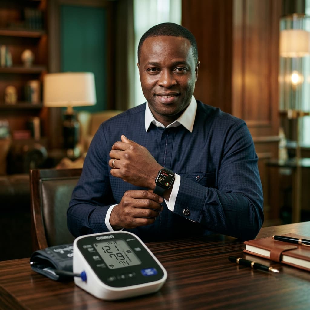 Nigerian man looking confident next to a blood pressure monitor — high blood pressure and weak erection connection